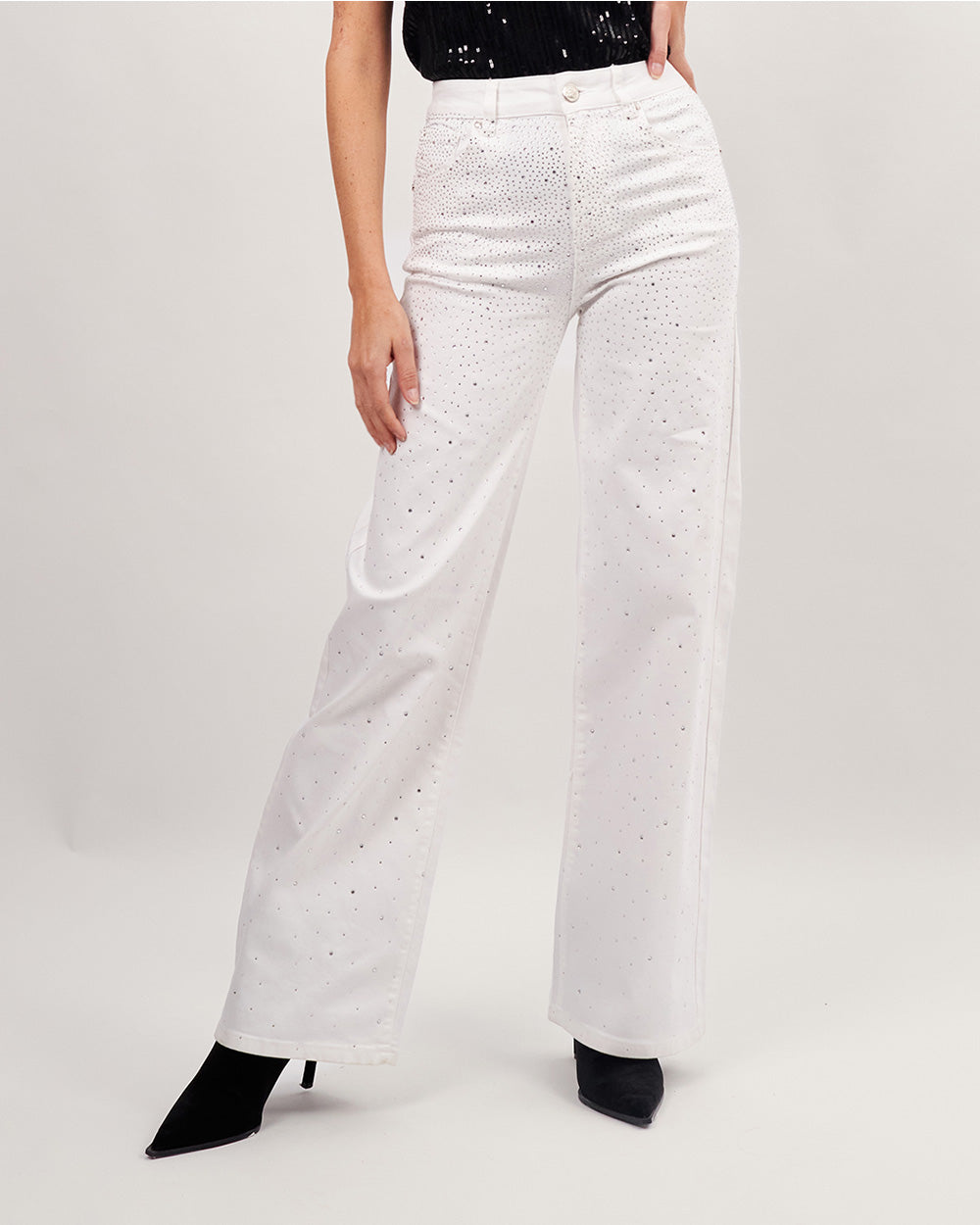 White denim with rhinestones straight leg pants