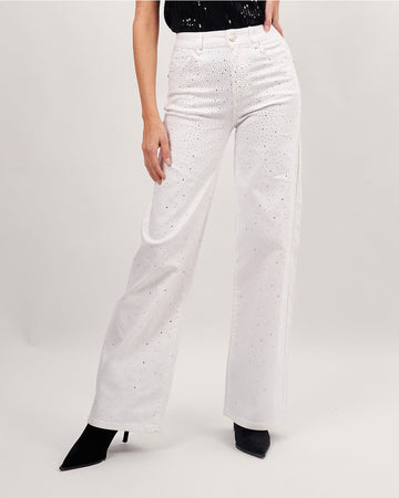 White denim with rhinestones straight leg pants