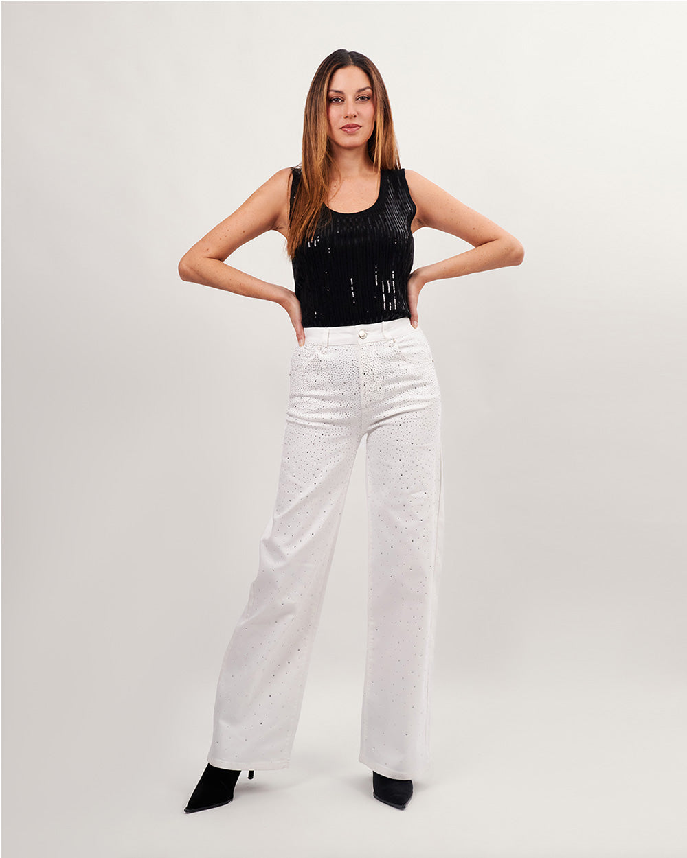 White denim with rhinestones straight leg pants