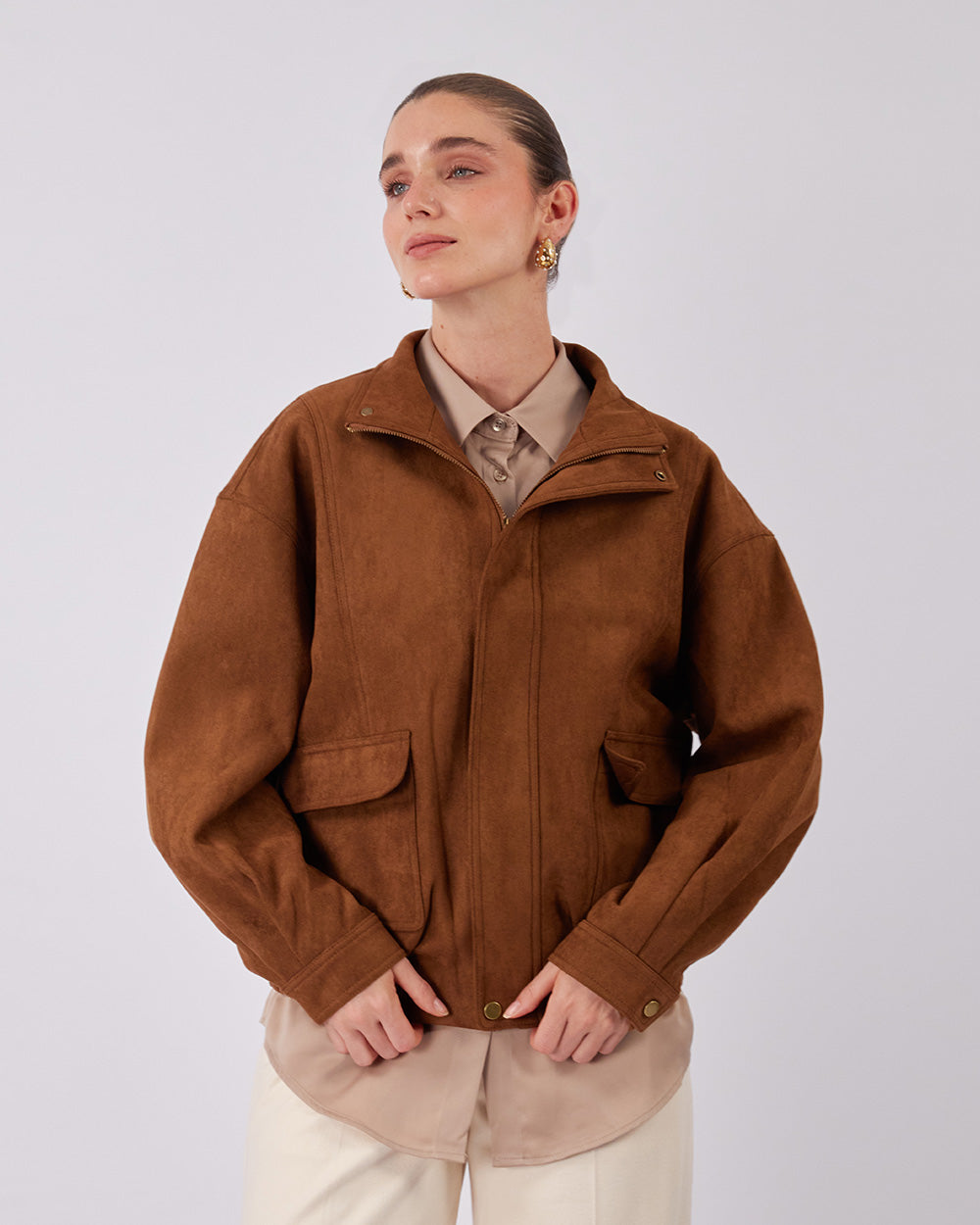 Camel Suede Bomber Jacket