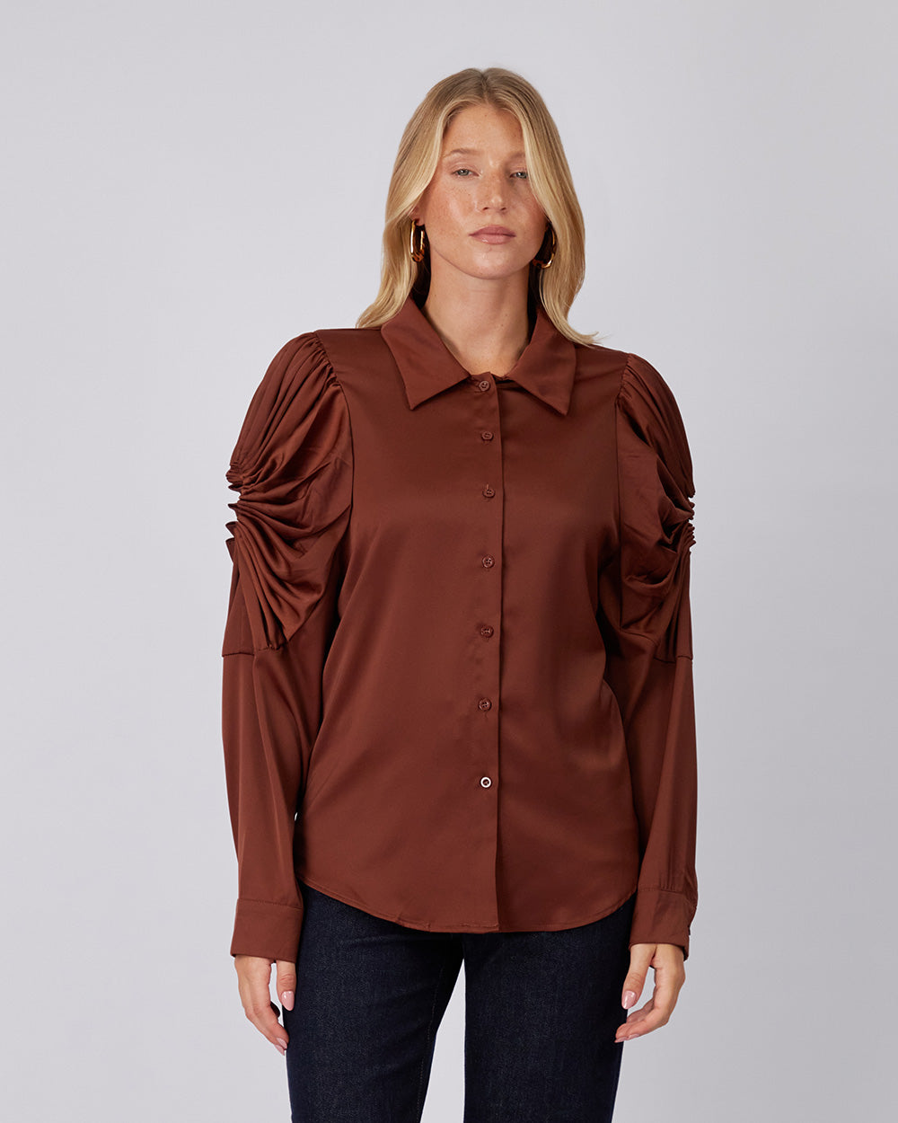Brown Blouse Pleated Detail