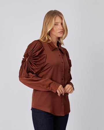Brown Blouse Pleated Detail