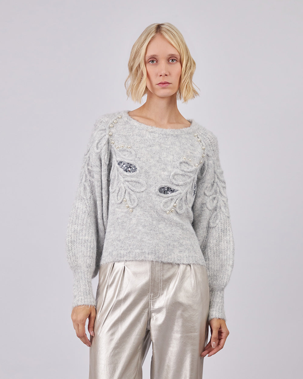 Grey Knitted Sweater With Applications
