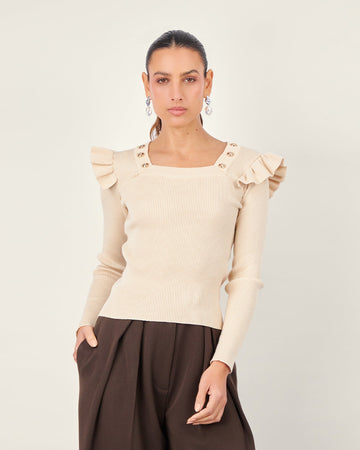 Beige Knit Square-Neck Sweater