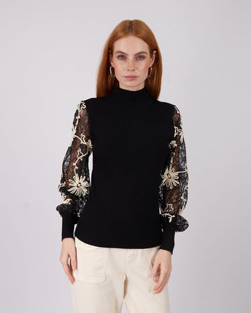 Black Knitted Sweater Embroidered Sleeves