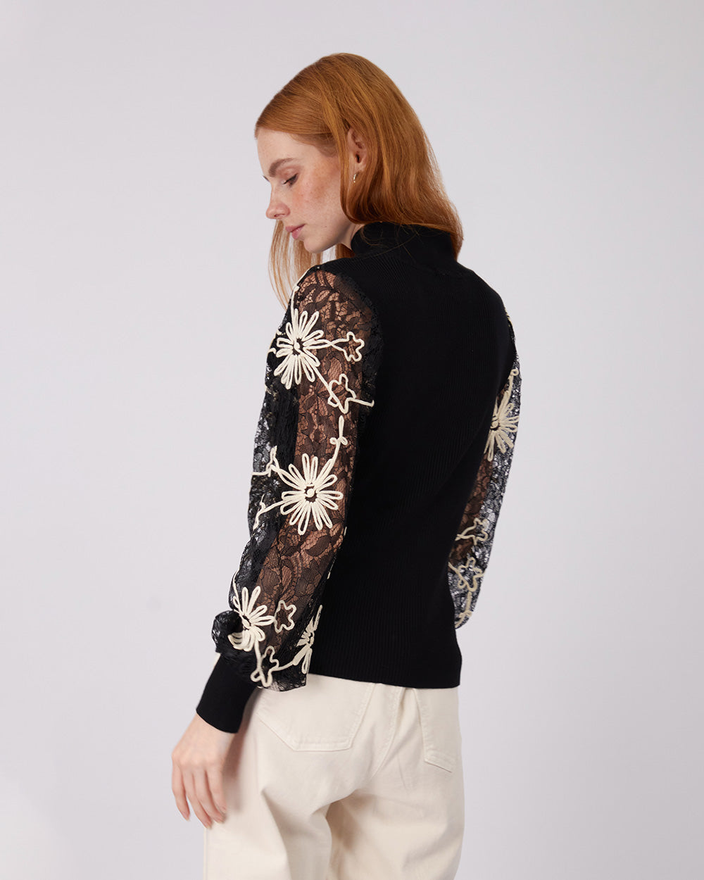 Black Knitted Sweater Embroidered Sleeves