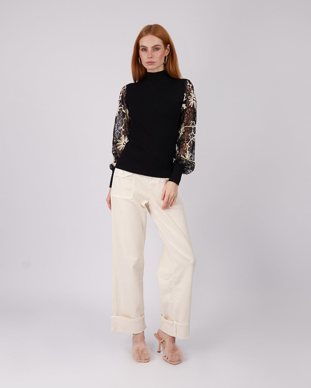 Black Knitted Sweater Embroidered Sleeves