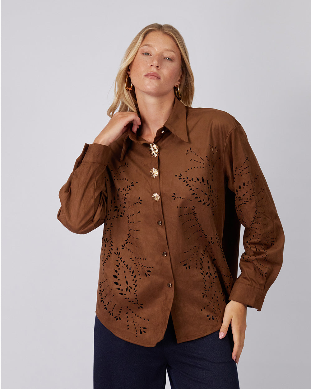 Brown Shirt Flower Buttons