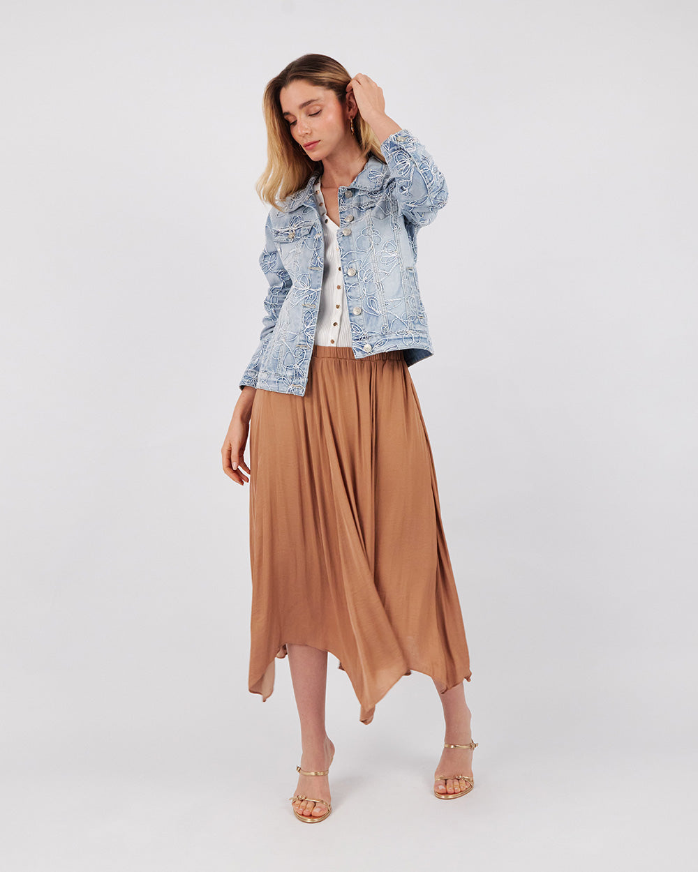 Light Blue Denim Jacket With White Flowers