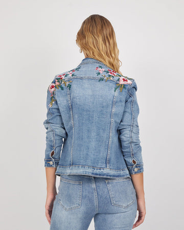 Light Blue Denim Jacket With Pink Embroidery
