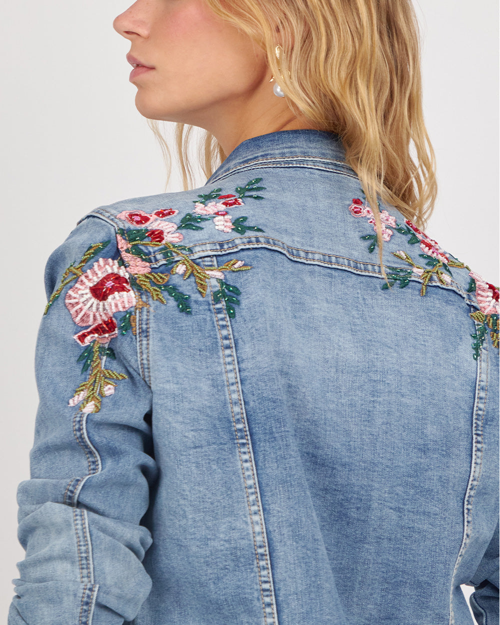 Light Blue Denim Jacket With Pink Embroidery