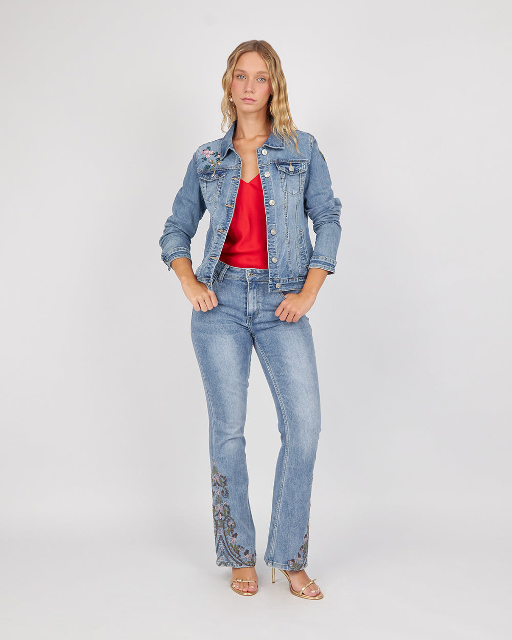 Light Blue Denim Jacket With Pink Embroidery