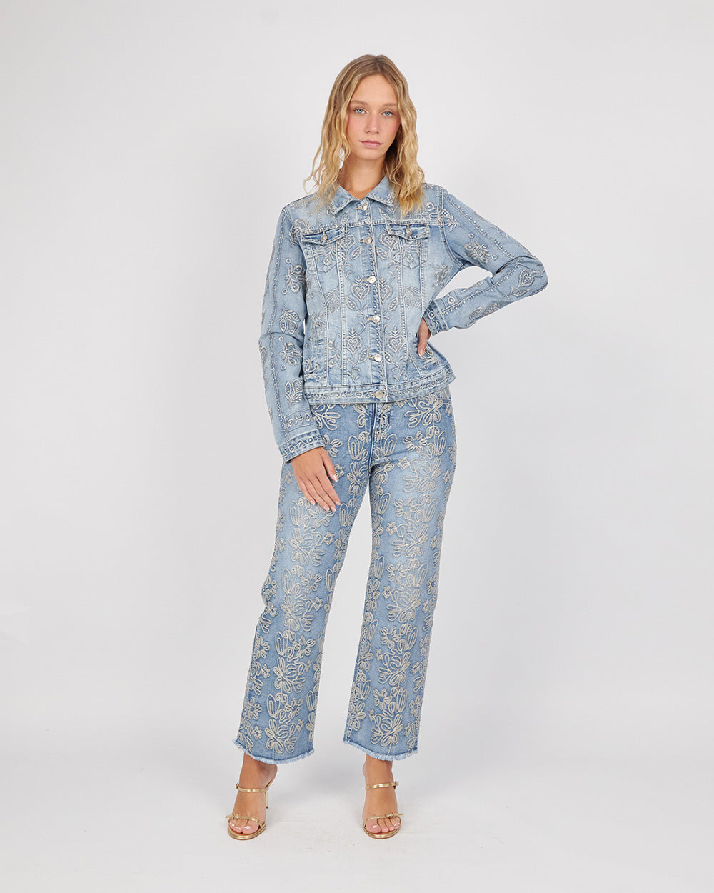 Light Blue Denim Jacket With Embroidered Flowers