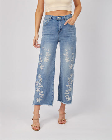 Light Blue Flower Denim Pants