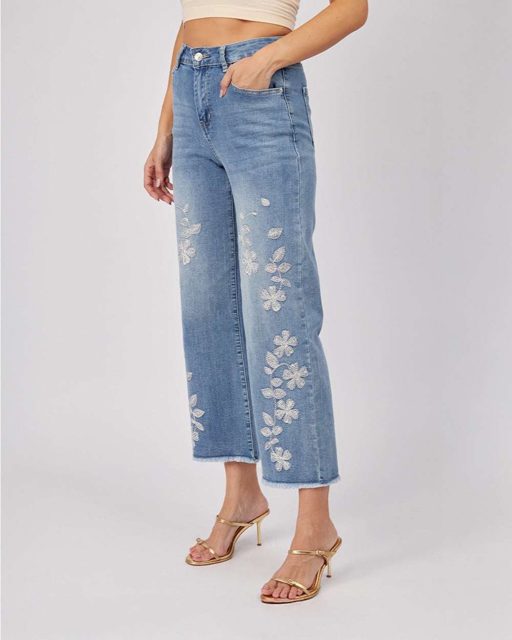 Light Blue Flower Denim Pants