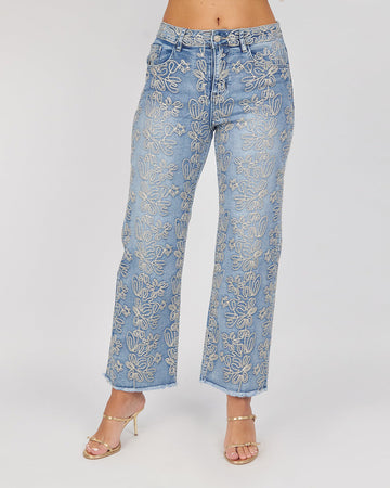 Light Blue Denim Pants With Embroidered Flowers
