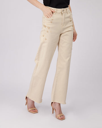 Beige Embroidered Jeans