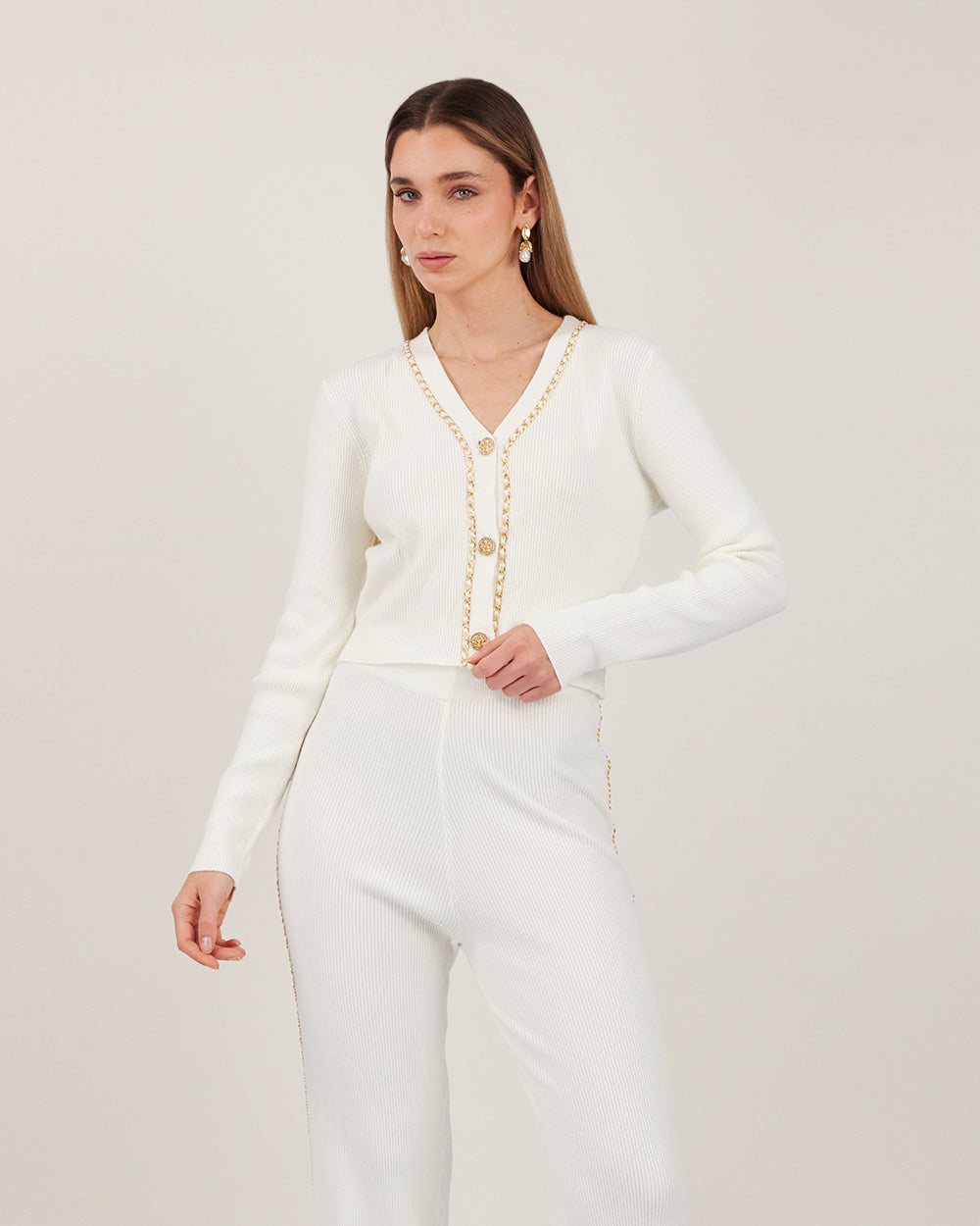 Cream Knit Cardigan With Gold Chain