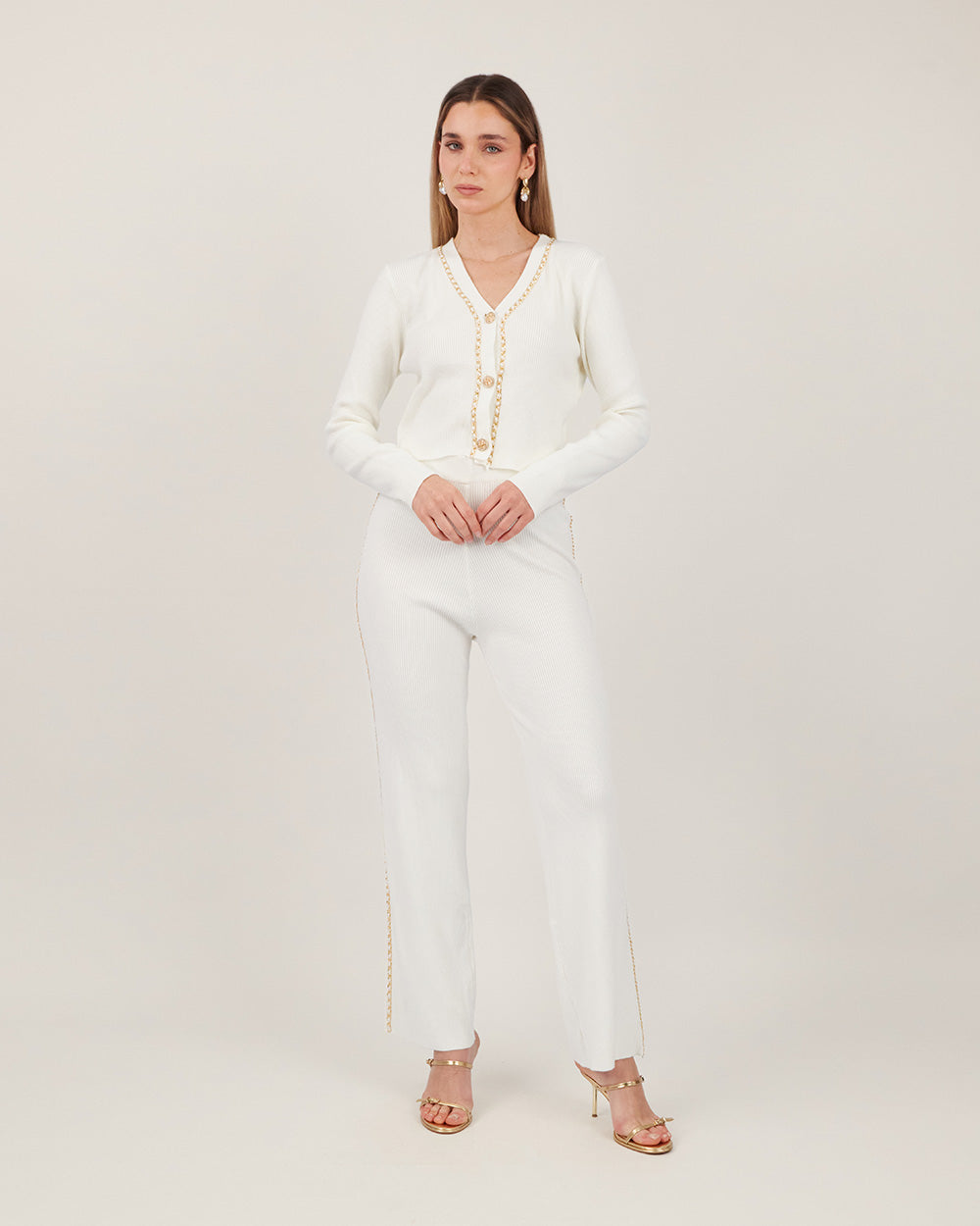 Cream Knit Cardigan With Gold Chain