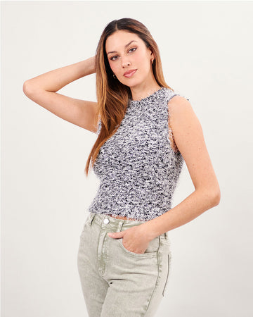 Top de cuello redondo sin mangas tejido en negro/gris con hilos plateados