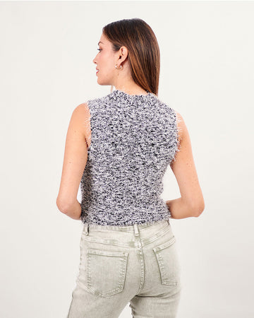 Top de cuello redondo sin mangas tejido en negro/gris con hilos plateados