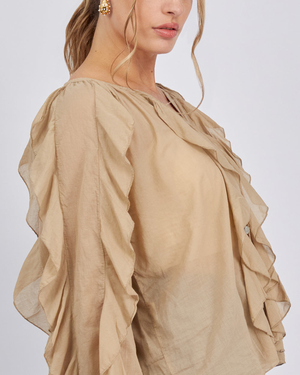 Beige Long Sleeve Blouse Ruffles