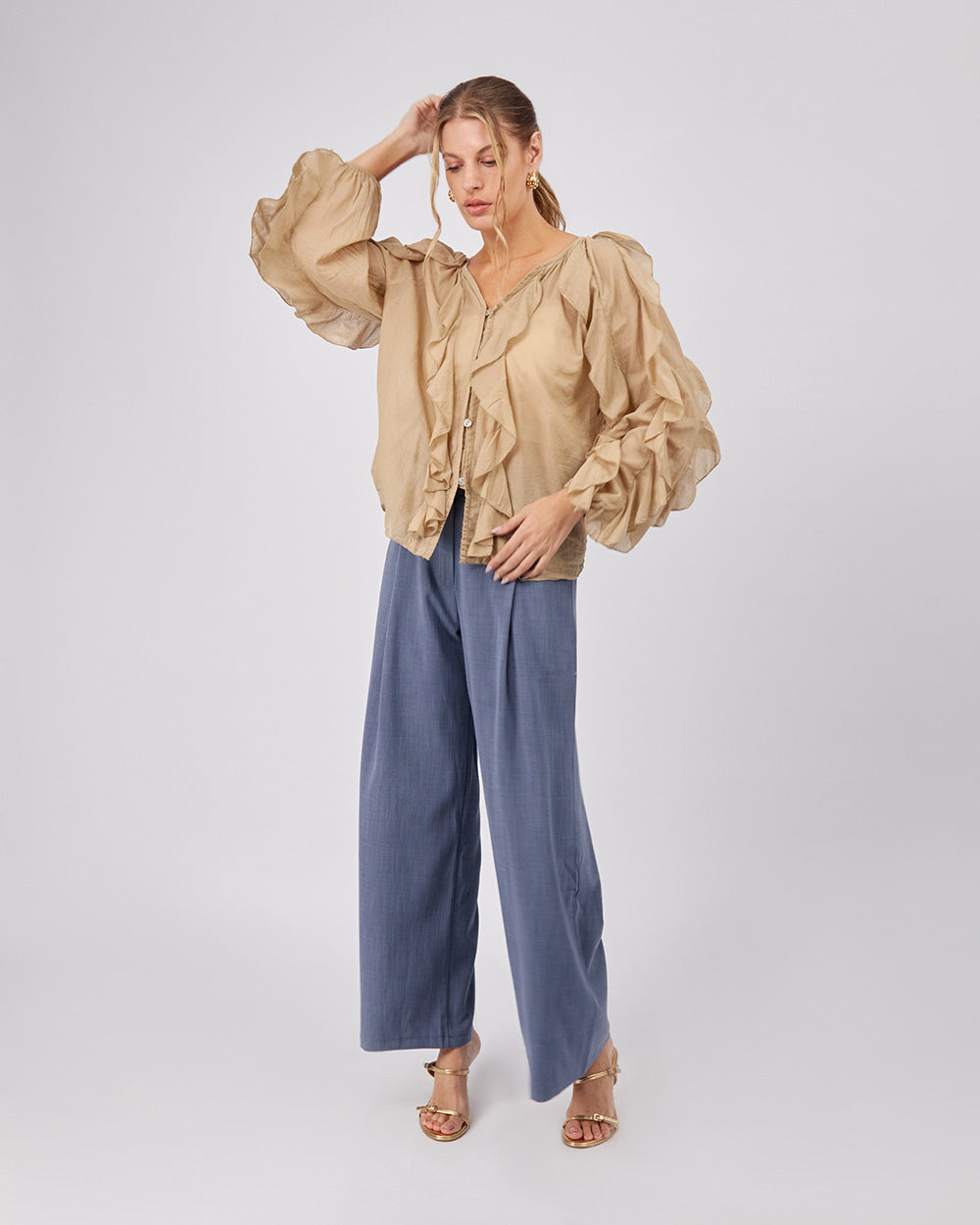 Beige Long Sleeve Blouse Ruffles