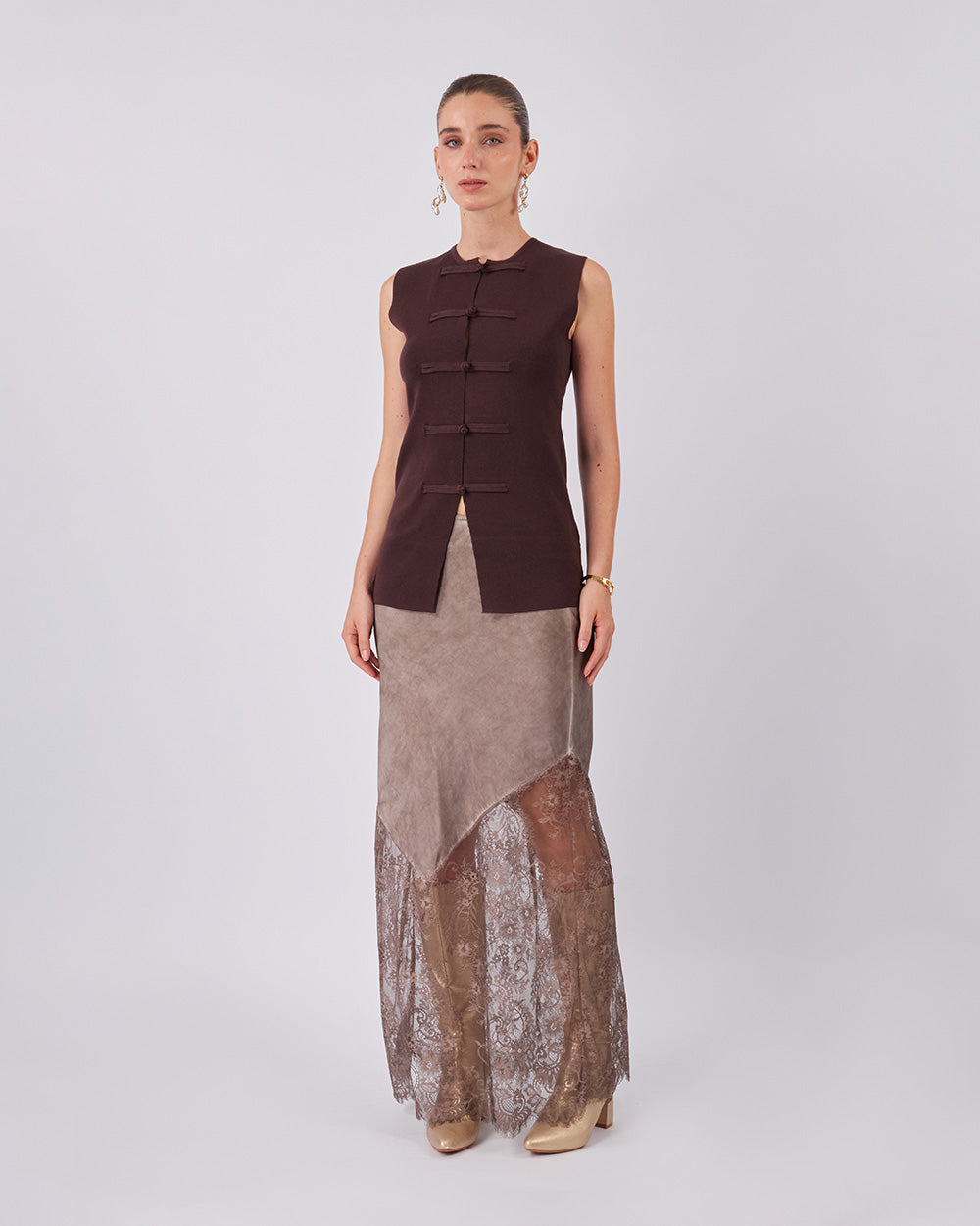 Sand Silk Skirt With Lace