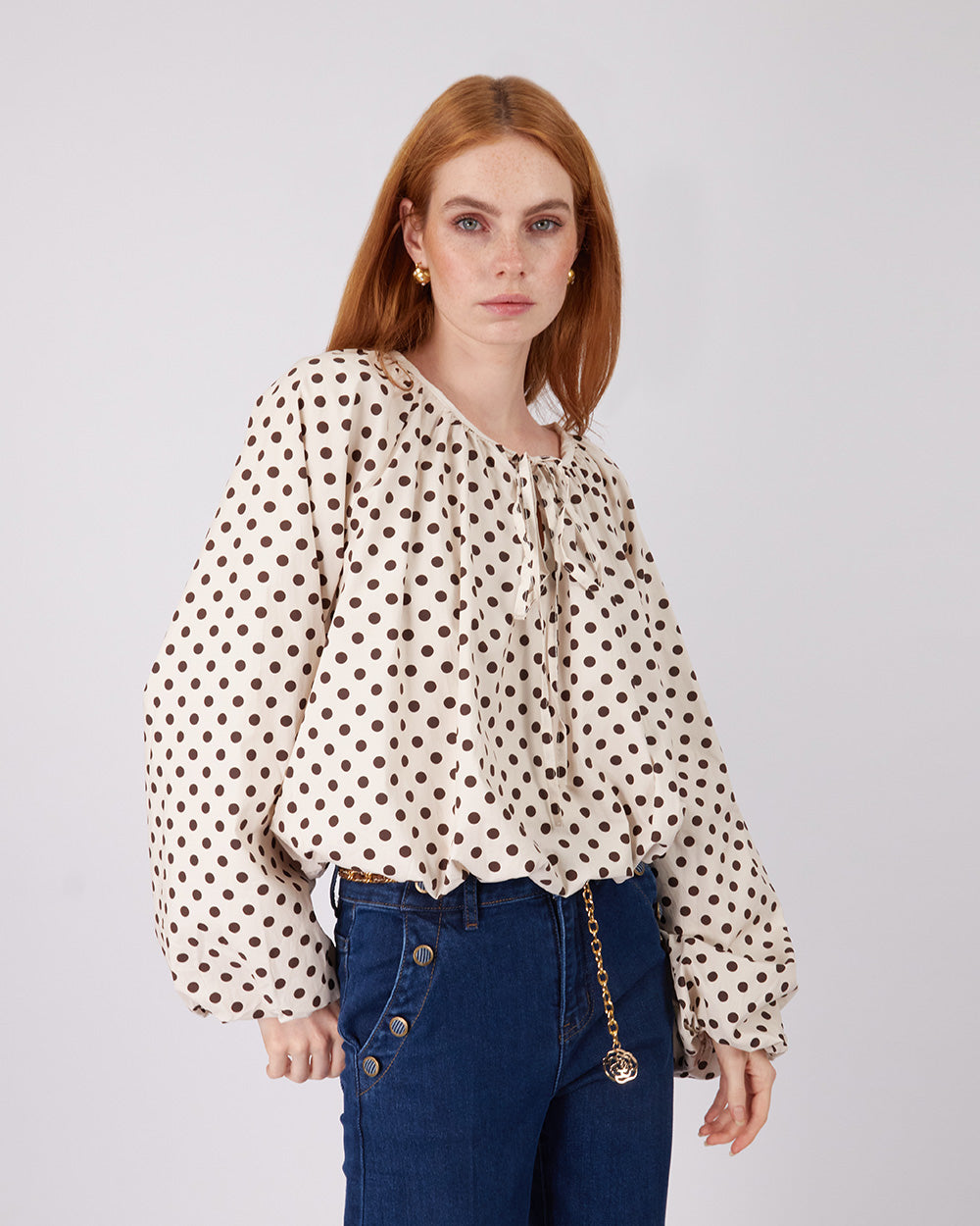 Cream Blouse Brown Polka Dots