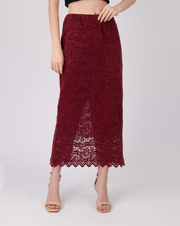 Burgundy Floral Lace Midi Skirt