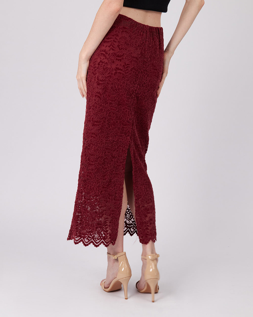 Burgundy Floral Lace Midi Skirt