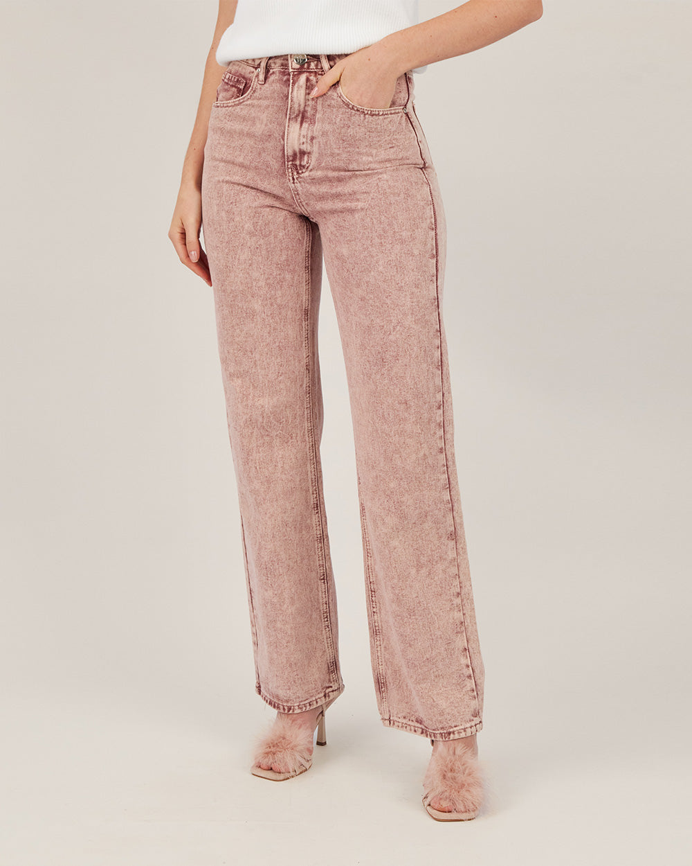 Pink Washed Denim Straight Leg Pants