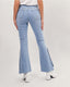 Light blue flared jeans with gold buttons at the bottom