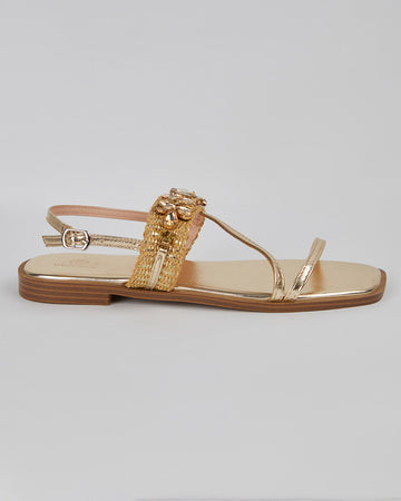 Gold Flat Sandal With Ankle Stones