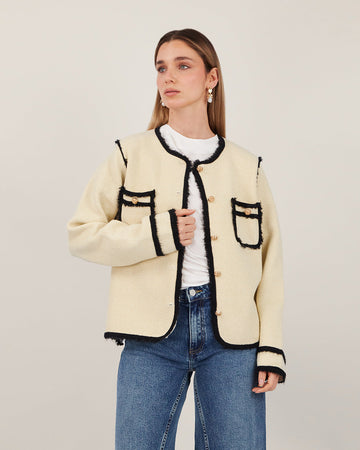 Cream Tweed Jacket With Black Edges