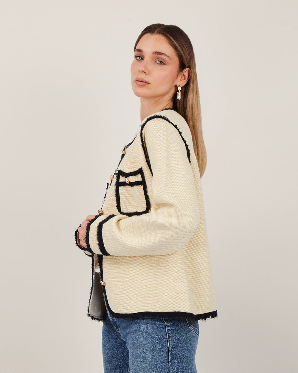 Cream Tweed Jacket With Black Edges