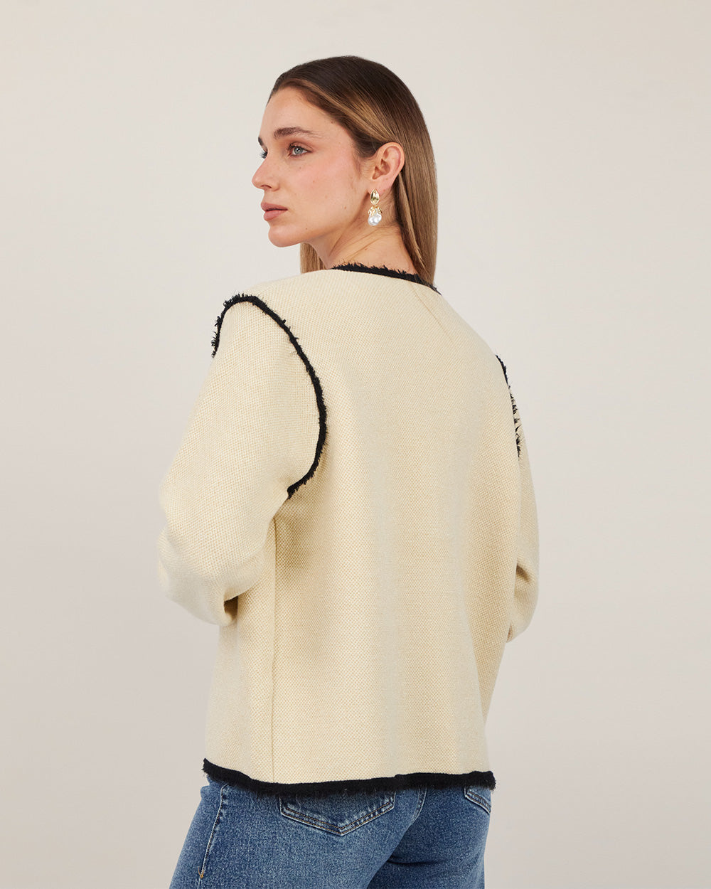 Cream Tweed Jacket With Black Edges