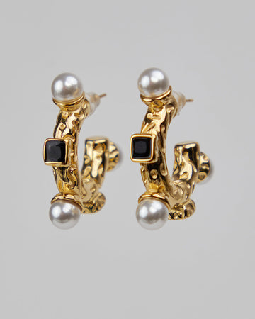 Half-Moon Hoops With Black And White Pearls