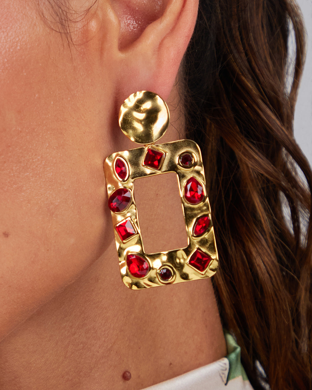 Gold Square Earrings With Red Stones