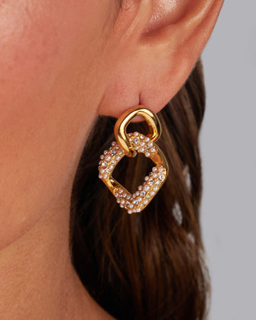 Double Square Gold Earrings With Pearls