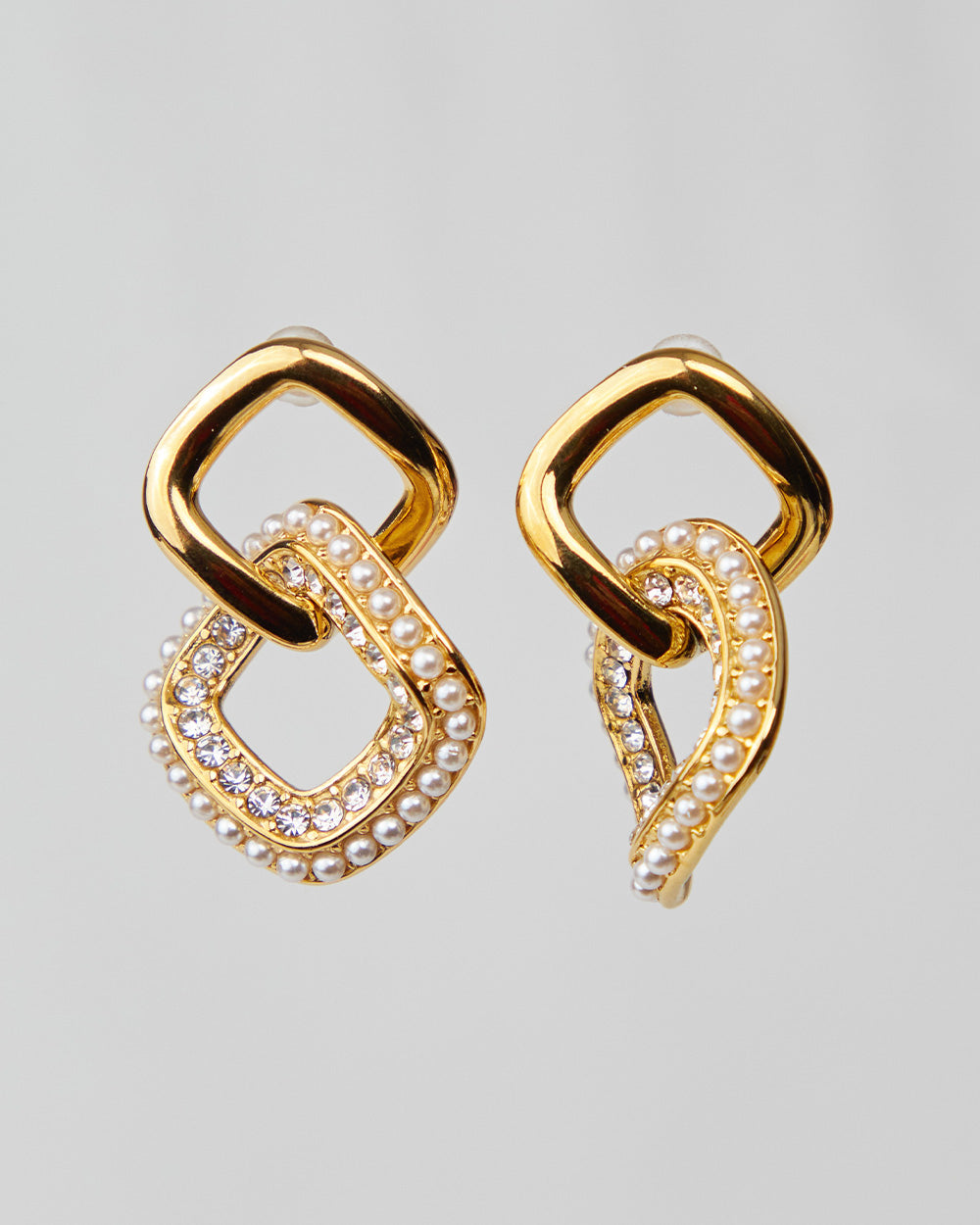 Square Gold Earrings With White Stones