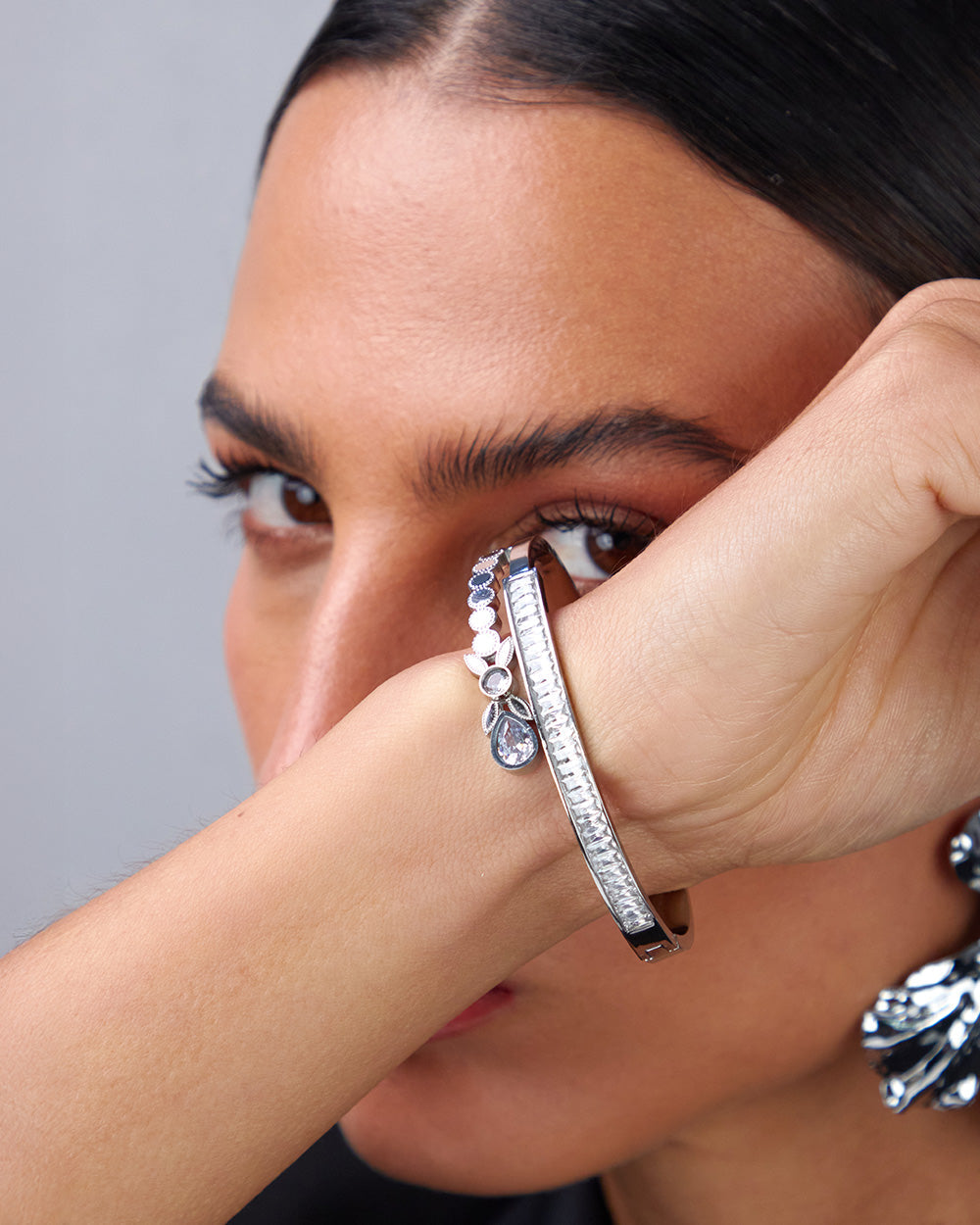 Silver Bracelet Strip Circles And Flower Figures