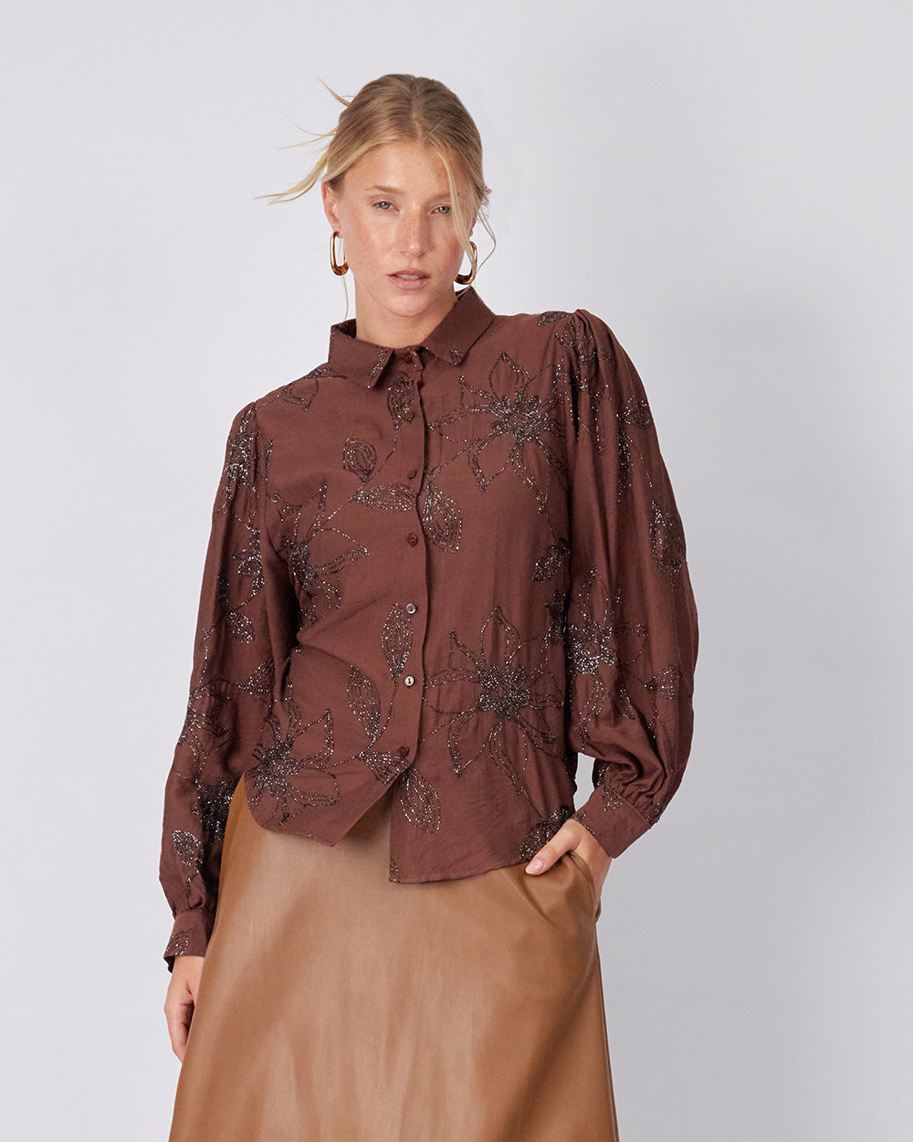 Brown Shirt Embroidered Flowers