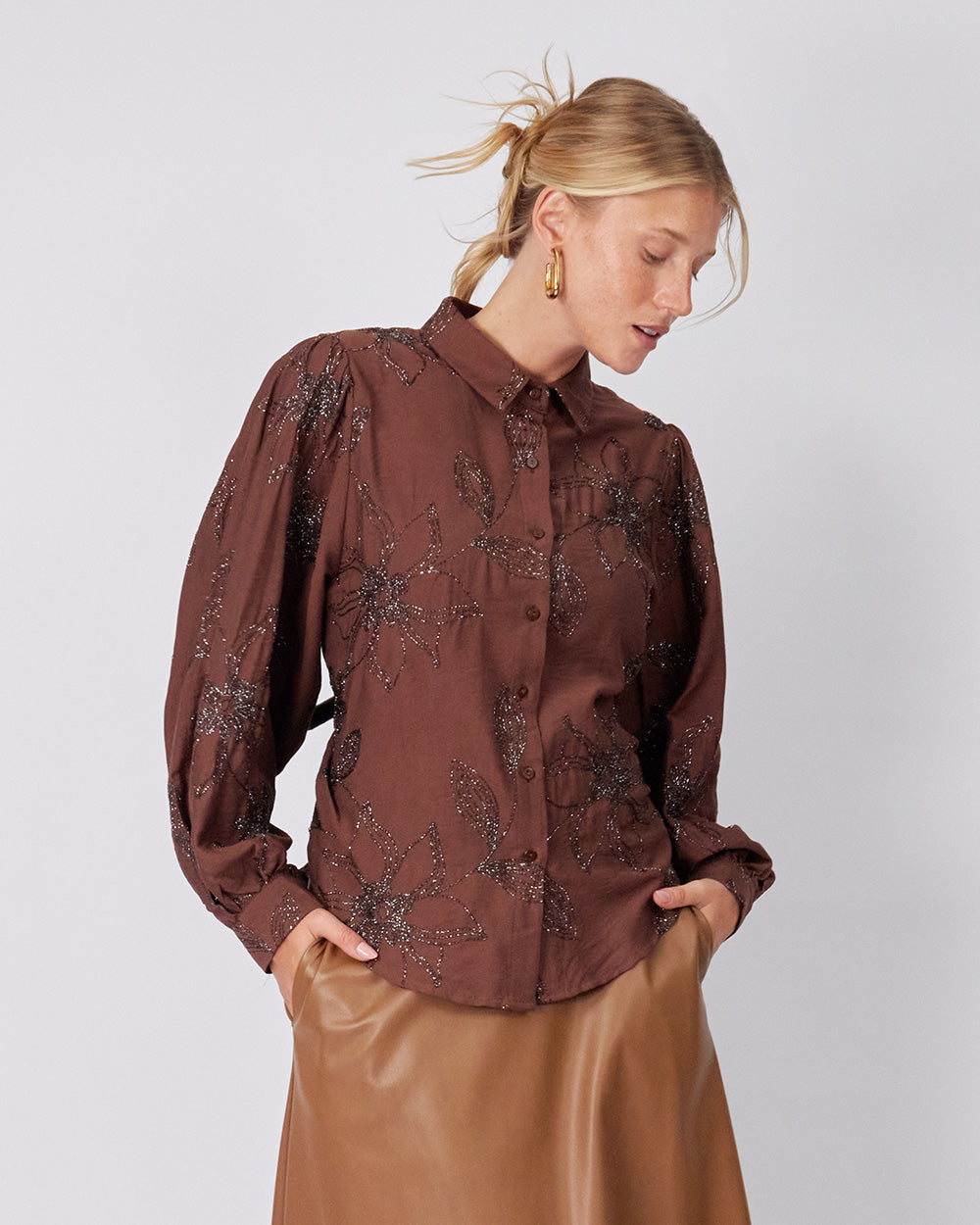 Brown Shirt Embroidered Flowers