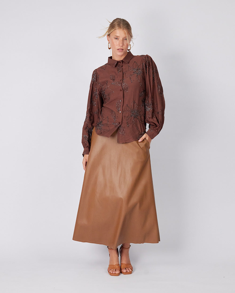 Brown Shirt Embroidered Flowers
