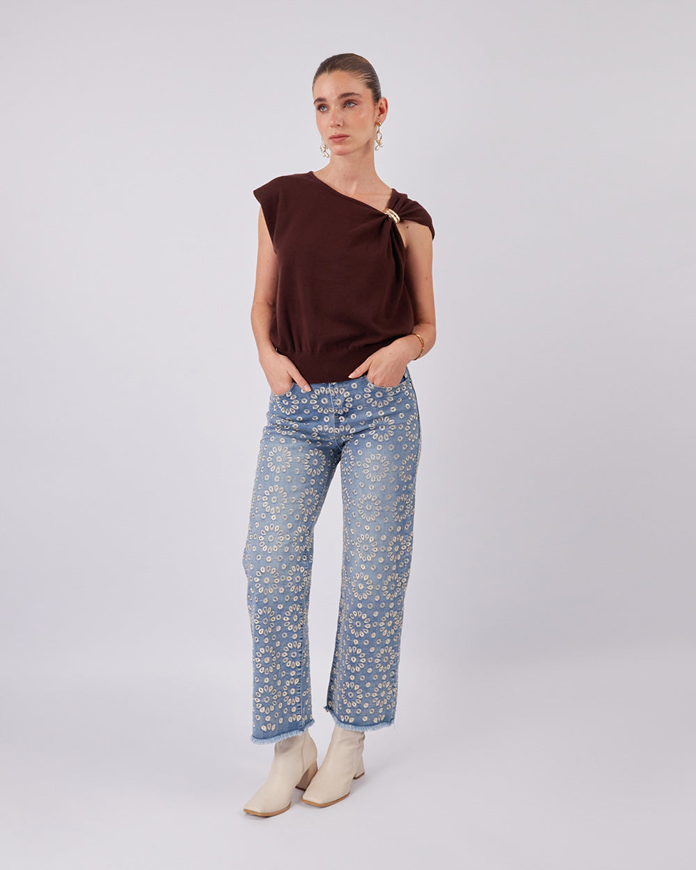 Brown Knitted Blouse  Shoulder Detail