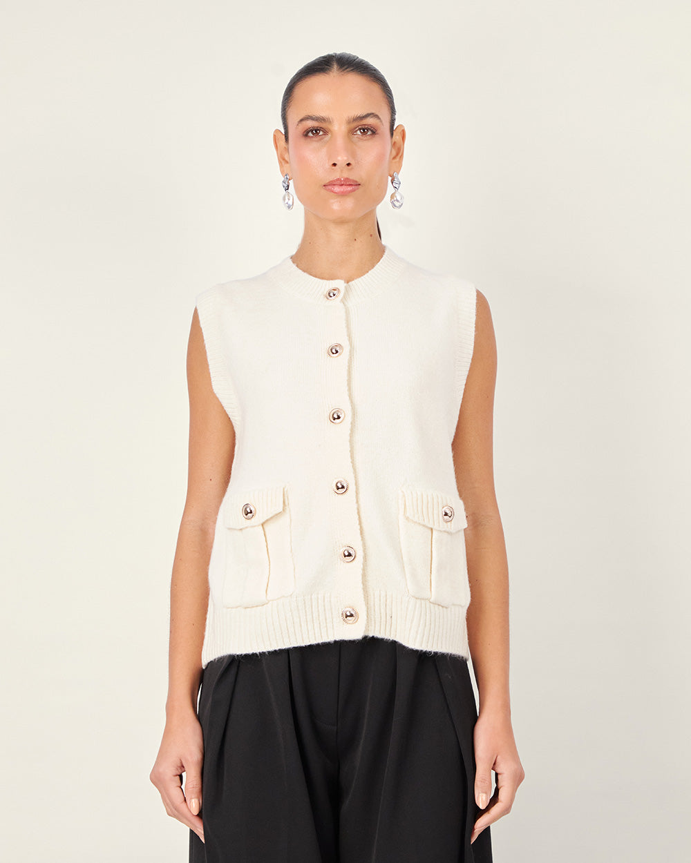 Cream Knit V-Neck Vest