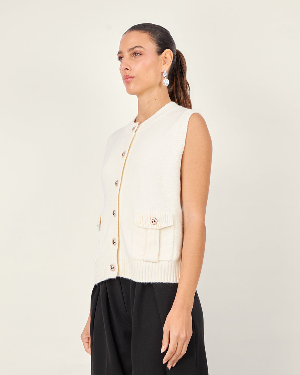 Cream Knit V-Neck Vest