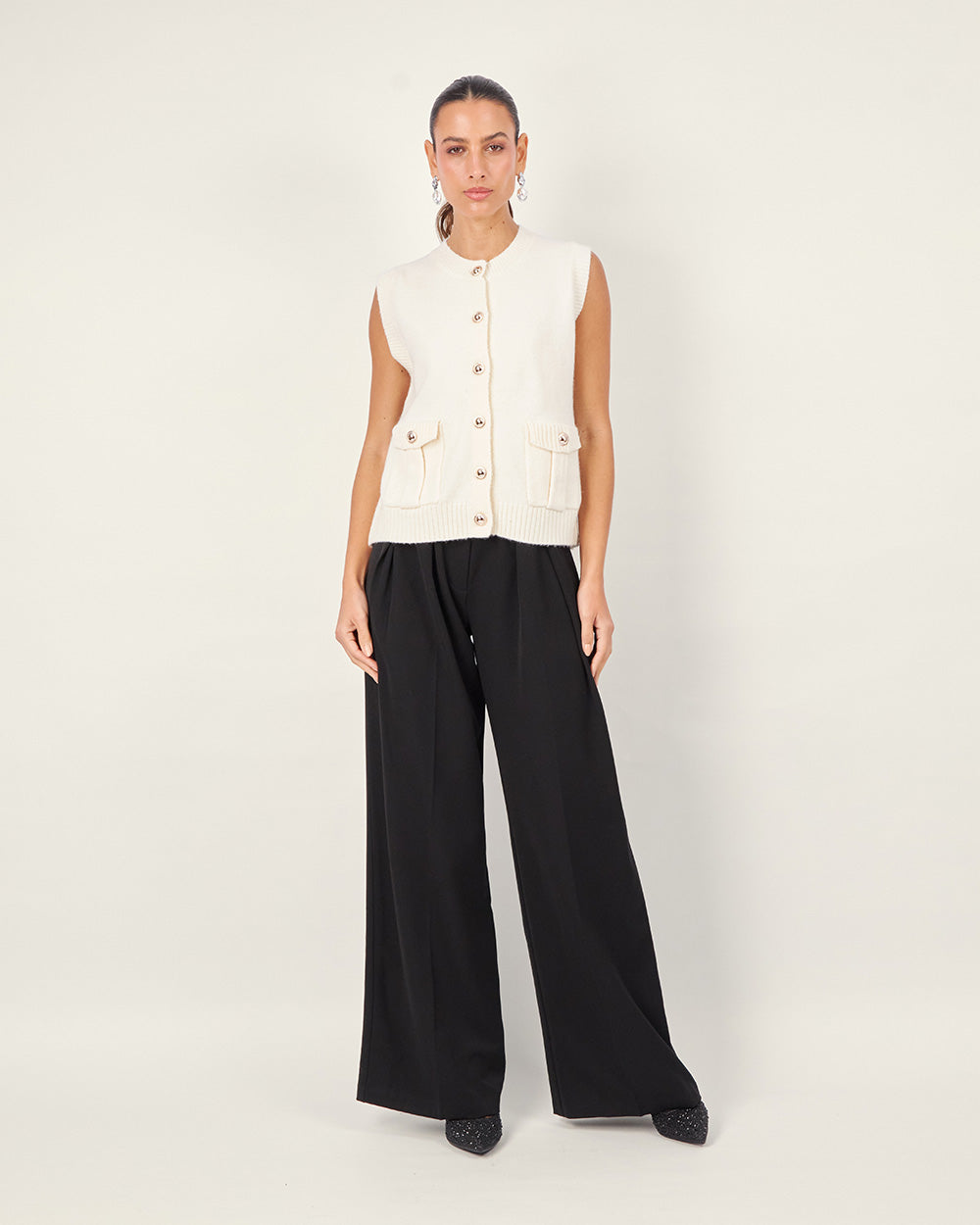 Cream Knit V-Neck Vest