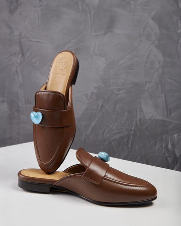 Flat Brown Leather Heart Light Blue